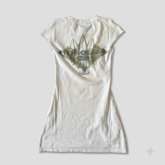 Cream upcycled cotton T-shirt dress with short sleeves and a tropical surfboard graphic, size XXS